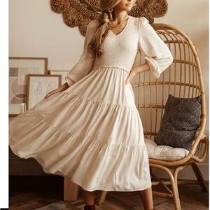 Bohme Ivory Smocked Tiered Midi Dress